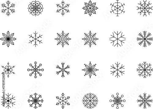 Snowflake snow freeze winter thin line outline icon. Snowflake icon. Keep frozen. Snowflake marking. Keep below zero. Air conditioner. Snowflakes thin line icon set. Vector PNG or Jpeg