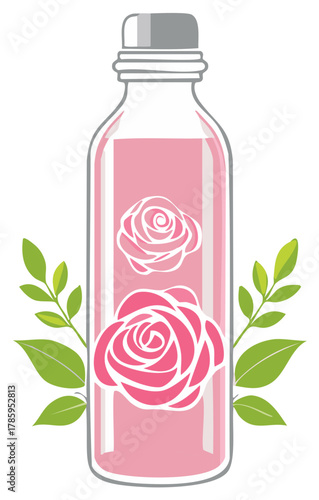 Pink rose water cosmetic toner in a glass bottle with floral label and green leaves illustration