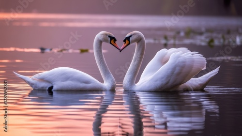 Fototapeta Naklejka Na Ścianę i Meble -  Love's Embrace: Two swans form a heart with their necks, mirroring each other's affection, creating a symbol of love and serenity. Captured in a serene lake setting.