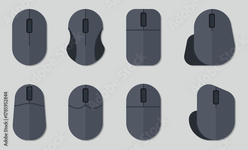 Computer mouse icons in flat gray style. Each silhouette represents technology, control, and precision