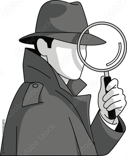 A detective with a magnifying glass is searching for clues, he is wearing a trench coat and a fedora hat