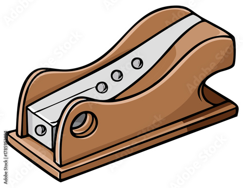 Illustrative rendering of a brown wooden tape dispenser featuring a silver cutting blade, with visible circular screw elements and rounded edges for usability.