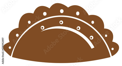 Brown graphic illustration of stylized empanada with decorative scalloped edges and embellishments