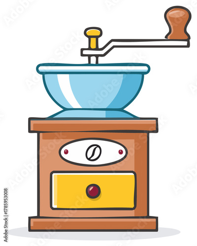 Vintage Coffee Grinder Illustration with Hand Crank Mechanism and Drawer for Freshly Ground Beans