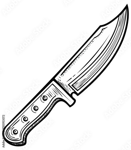 Black and white line art illustration of a strong outdoor survival knife with a sharp blade and sturdy handle