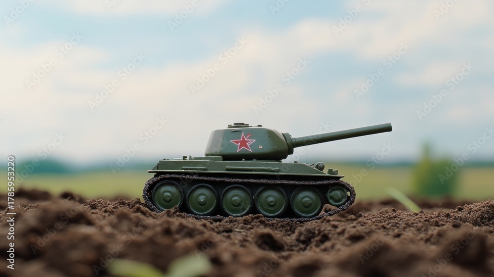 Fototapeta premium Small green military tank model on dirt