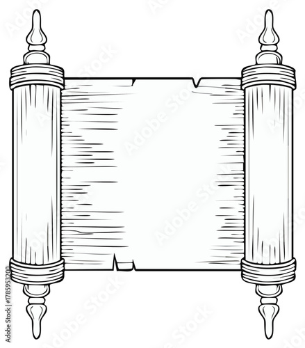 Ancient Blank Scroll Parchment Document with Decorative Rollers Vintage Line Art Illustration