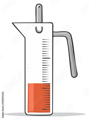 Cartoon illustration of a graduated cylinder with orange liquid and a handle for measurement