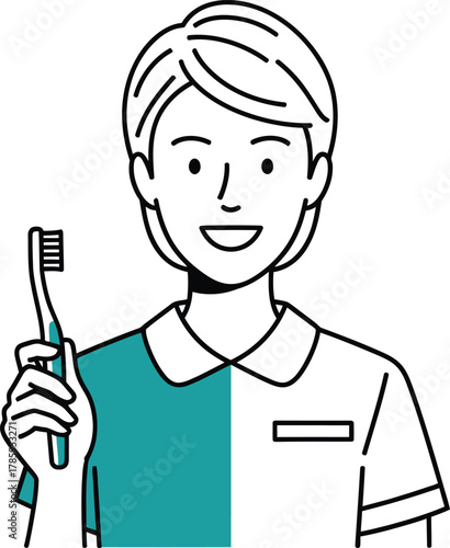 A cheerful dental hygienist with short hair is holding a toothbrush, she is wearing a blue and white uniform and smiling