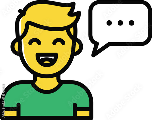 A happy man with blond hair is smiling and talking in a speech bubble, he is wearing a green shirt and looks cheerful