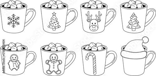 Collection of christmas mugs with marshmallows, featuring snowflake, christmas tree, reindeer, gingerbread man, candy cane and santa hat