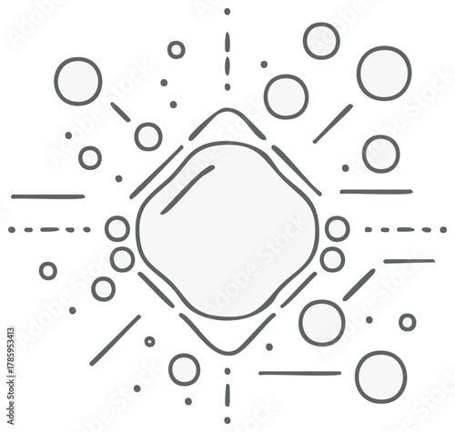 Abstract minimalist design with radiating lines and circles forming a central nucleus pattern, symbolizing connection and data flow.