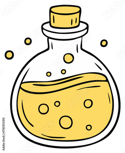 Cartoon illustration of potion bottle with yellow liquid and cork stopper