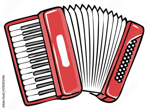 Bright red accordion with piano keys and pleated bellows musical instrument vector graphic
