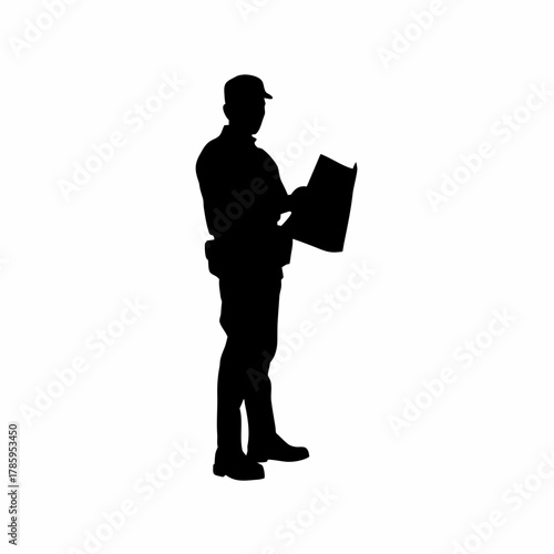 Silhouette of safety officer reviewing accident prevention posters isolated on white background