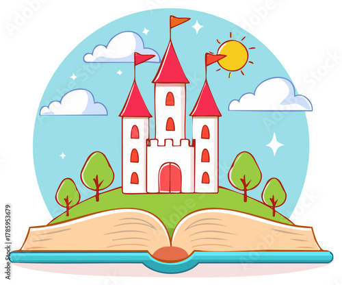 Whimsical fairytale castle illustration on an open storybook with a bright blue sky and fluffy clouds