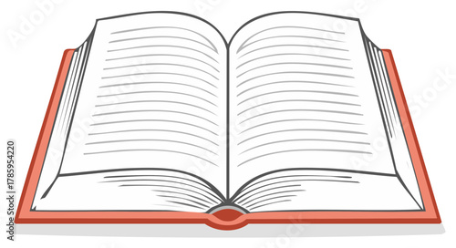 Illustration of an open book with blank lined pages and red cover for education, reading, and study