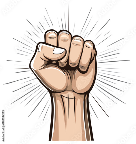 Raised Clenched Fist Illustration with Radial Lines Symbolizing Power and Strength
