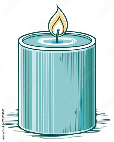 Single lit blue candle with flickering flame and water surface reflection in a sketch style illustration