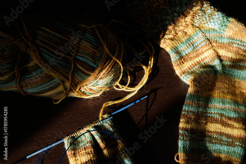 手編みの靴下　編みかけ　輪針
マジックループ