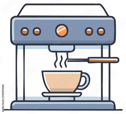 Cartoon espresso coffee machine brewing hot beverage into a steaming cup, vector illustration