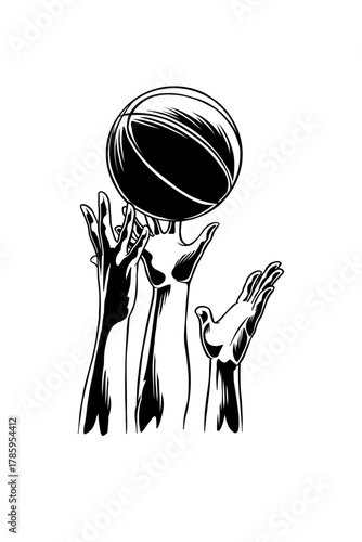 lineart illustration of a basketball player's hand grabbing the ball in the air