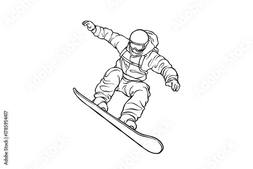 lineart illustration of a snowboarder doing a jump