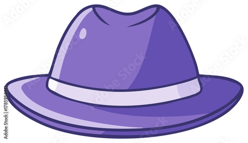 A stylish purple fedora hat with a band, a classic retro accessory in a clean cartoon vector illustration