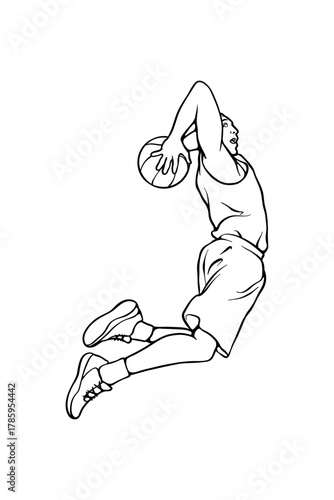 lineart illustration of a basketball player doing a slam dunk