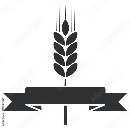 Black silhouette icon of a wheat spike with a blank banner emblem for farming or food