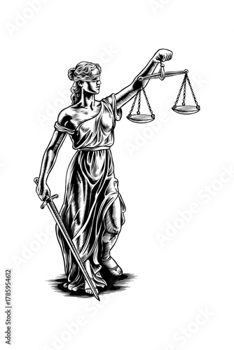 hand drawn lineart illustration of the goddess of justice
