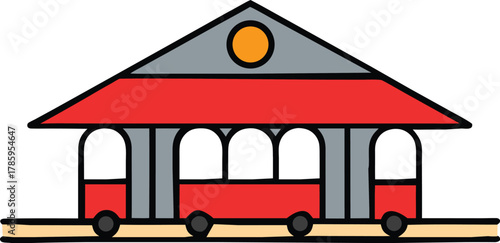 Stylized red and gray building with arched windows and wheels resembling a train station or a whimsical vehicle isolated on transparent background
