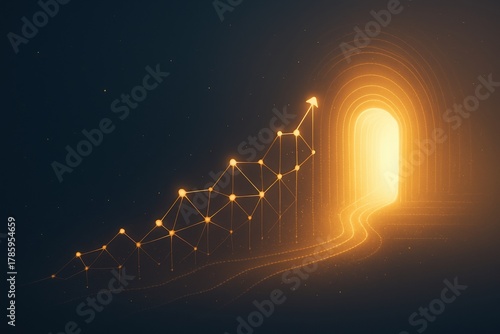 Golden neural network forming an ascending financial graph into a glowing tunnel on dark background futuristic AI concept for fintech growth and year-end business strategy visuals