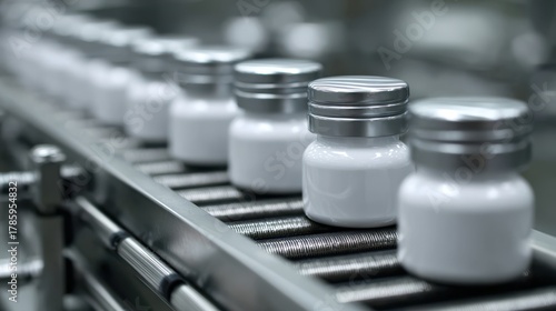Row of white jars with silv...