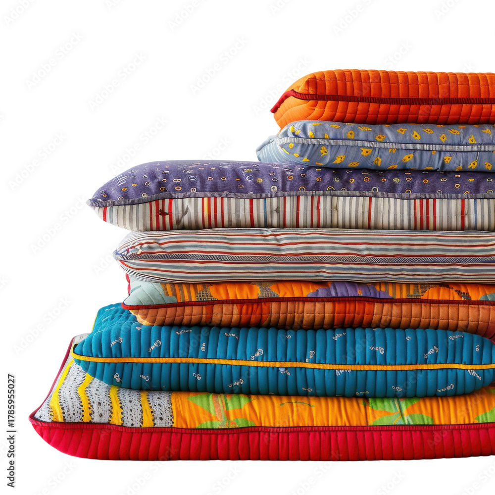 Fototapeta premium Colorful stack of patterned cushions displayed in a decorative arrangement for home comfort and style on transparent background