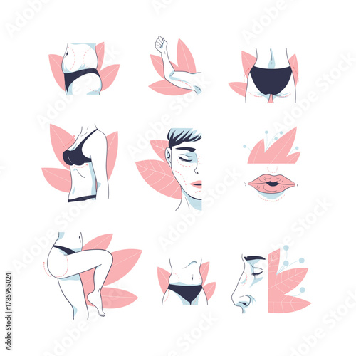 Plastic Surgery as Face and Body Corrections in Aesthetic Beauty Clinic Vector Set