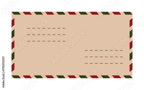 Christmas and New Year envelope template illustration. Festive vintage air mail design with red and green stripes. Holiday postal letter for greeting, message, correspondence, or gift mail