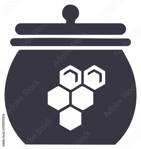 Honey Pot Icon with Hexagon Honeycomb Pattern Illustrating Sweet Organic Products and Apiculture Symbols