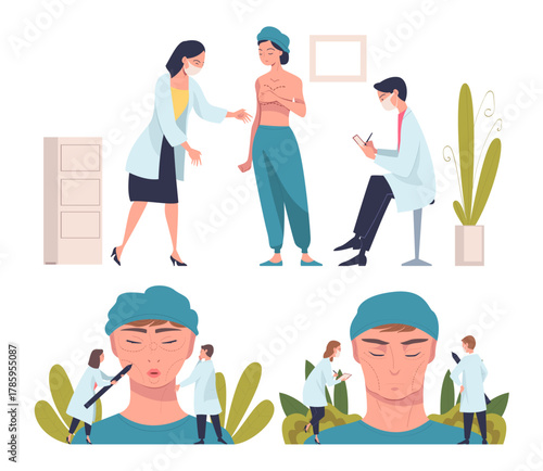 Plastic Surgery as Face and Body Corrections in Aesthetic Beauty Clinic Vector Set