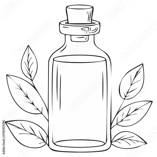 Outline drawing of herbal tincture in glass bottle with cork and leaves for coloring book