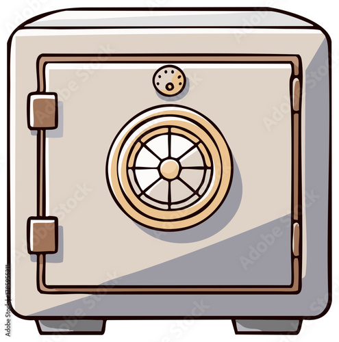 Cartoon illustration of a bank safe with a round handle.
