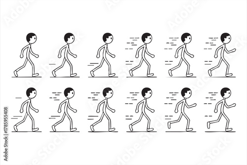 Outline drawing showing stick figure motion progression from walk to sprint