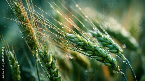Close-up of green wheat stalks with raindrops, beautifully detailed with soft focus background. Light gently glistens on water droplets, enhancing the fresh and vibrant agricultural scene