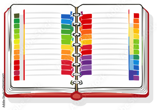 Open red ring binder planner notebook with colorful rainbow index tabs and blank lined pages for organization