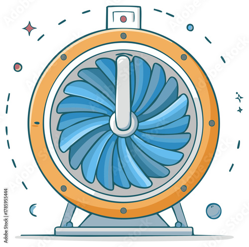 Futuristic cartoon illustration of a powerful industrial jet engine turbine