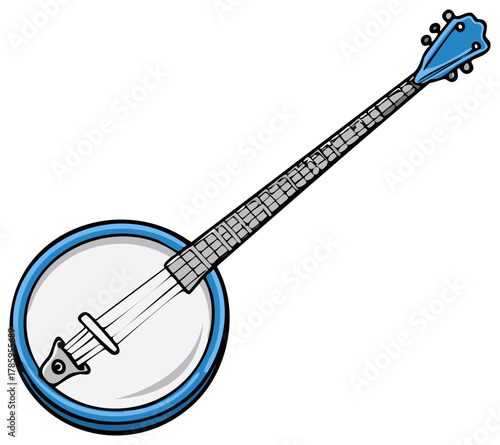 Illustration of a stringed banjo musical instrument, isolated on a clean white backdrop