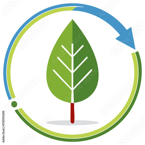 Vibrant green leaf enclosed by a continuous looping arrow signifying ecological renewal and sustainable growth