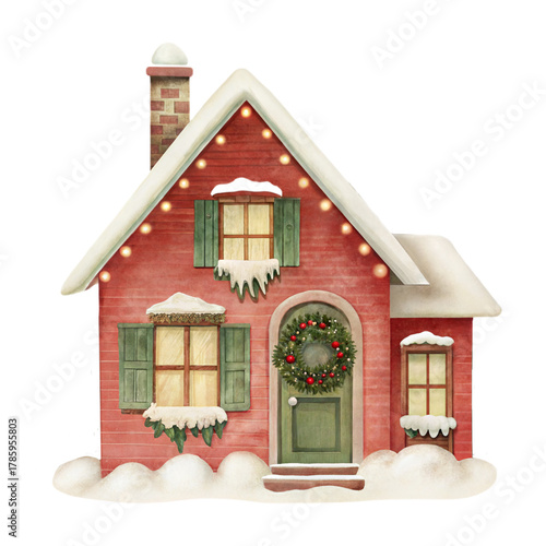 Konstfotografi Watercolor Christmas house with wreath and snow