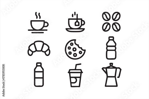 Breakfast and beverage outline symbols collection for cafe and food design
