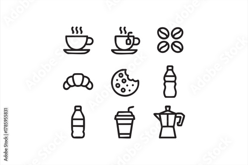 Coffee and tea line icons set with snacks and drinks in minimalist vector style